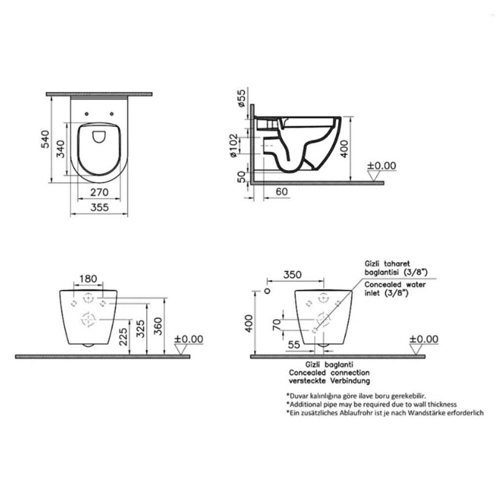 VitrA S60 Smooth Flush Asma Klozet Gizli Montajlı 54 cm Mat Bej 7510B020-0090